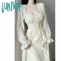 Lunivop 2Pcs Sets Beige Dress Women Summer Square Collar Camisole With Coat Holiday Beach Party