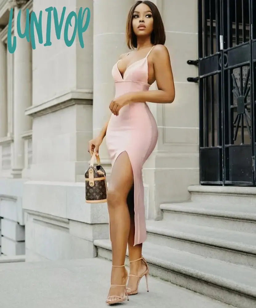 Lunivop 3 Colors Bodycon Bandage Dress Women Summer Sexy V Neck Split Midi White Black Designer