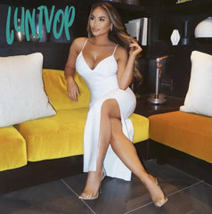Lunivop 3 Colors Bodycon Bandage Dress Women Summer Sexy V Neck Split Midi White Black Designer