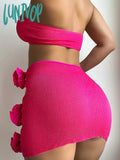 Lunivop 3D Floral Bikini Set Rose Red Swimwear 2024 Women 3 Piece Hollow Out Swimsuit Bathers