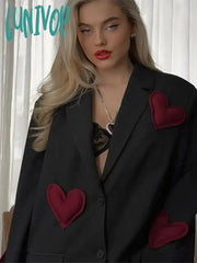 Lunivop 3D Heart Print Lapel Oversize Blazer Coat Women Casual Long Sleeve Jacket Female 2024