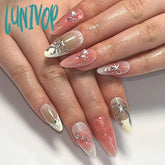 Lunivop 3D Silver Bowknot White French Almond Shape False Nails Pink Halo Dyeing Detachable