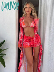 Lunivop 3Piece Sets Red Printed Y2K Style Bikini Kimono Cardigan Women’s Swimsuit Sexy High Waist