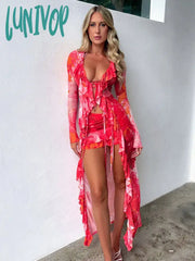 Lunivop 3Piece Sets Red Printed Y2K Style Bikini Kimono Cardigan Women’s Swimsuit Sexy High Waist