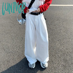 90s fashion men White Wide-Leg Jeans Women's Autumn High Waist Slimming Draping Pleated Loose Slimming Straight Mop Pants