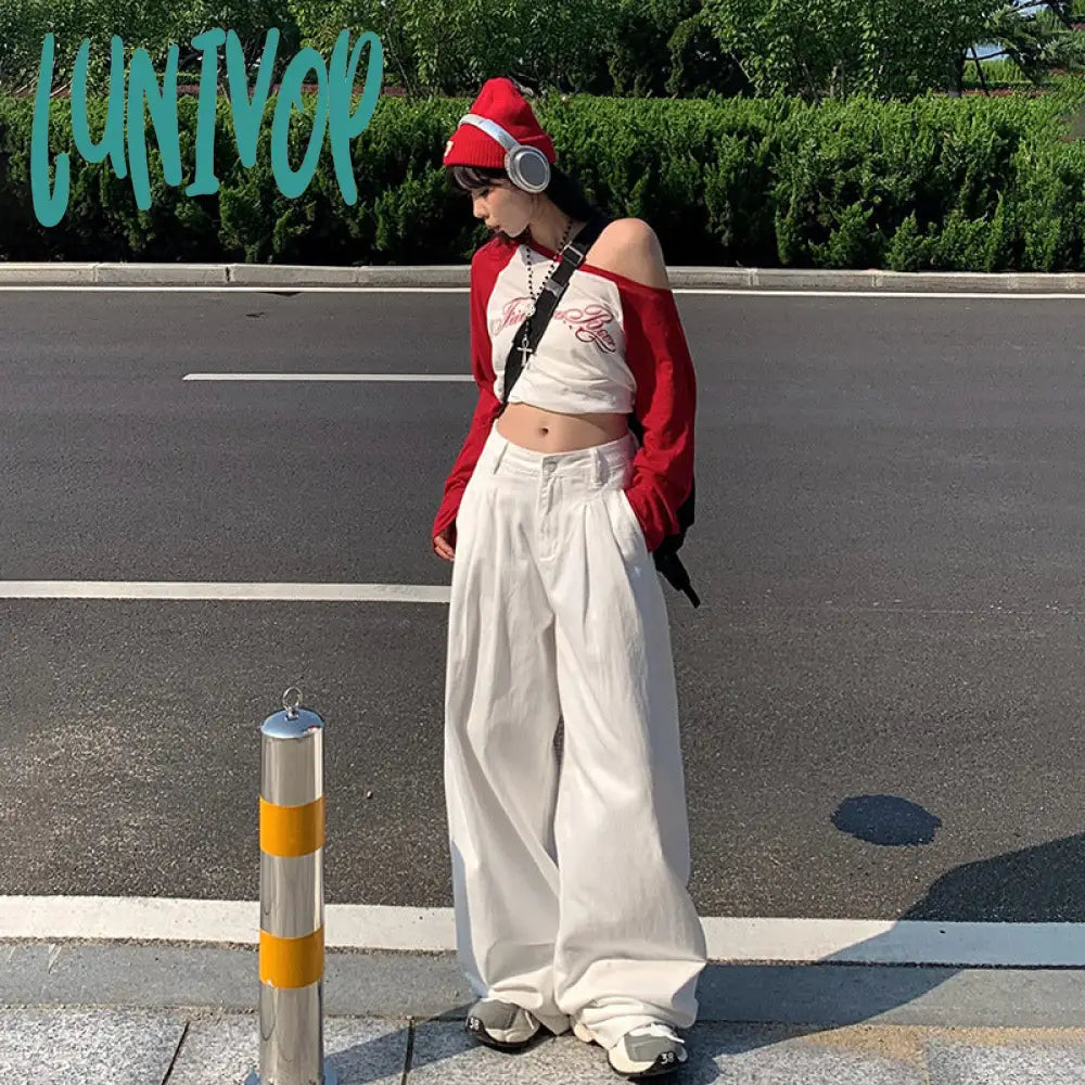90s fashion men White Wide-Leg Jeans Women's Autumn High Waist Slimming Draping Pleated Loose Slimming Straight Mop Pants