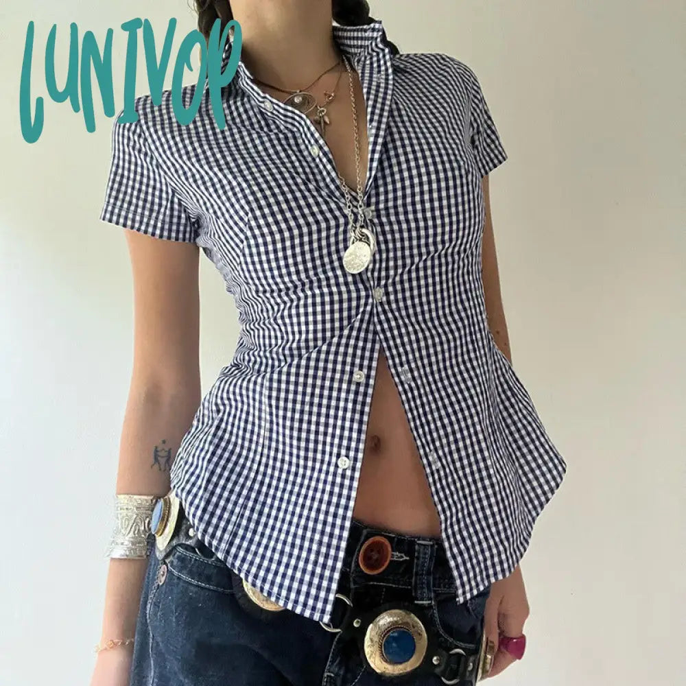 90s fashion Retro Casual Style Blue Plaid Short-Sleeved Shirt Women's Polo Collar Tight Waist Tight Single-Breasted Top