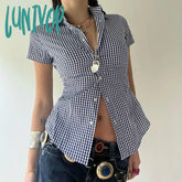 90s fashion Retro Casual Style Blue Plaid Short-Sleeved Shirt Women's Polo Collar Tight Waist Tight Single-Breasted Top