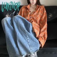 90s streetwear 2024 Autumn New American Retro White Orange Plaid Shirt Coat Men's and Women's Loose Shirt Fashion
