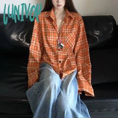 90s streetwear 2024 Autumn New American Retro White Orange Plaid Shirt Coat Men's and Women's Loose Shirt Fashion