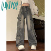 90s streetwear American Retro Workwear Jeans Women's Autumn Hot Girl High Street Loose Slimming High Waist Straight Wide Leg Pants