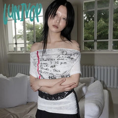 90s streetwear American Street Gothic Blooming Graffiti Printed off-Shoulder off-Shoulder Waist Knitted Top Retro Niche Bottoming Shirt