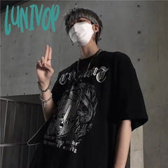 90s streetwear INS Dark Street Hip Hop Personality All-Match Loose round Neck Short Sleeve T-shirt Dark