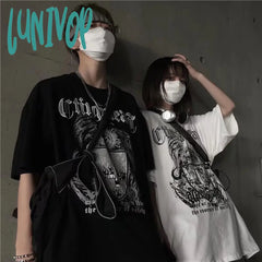 90s streetwear INS Dark Street Hip Hop Personality All-Match Loose round Neck Short Sleeve T-shirt Dark