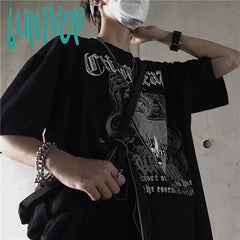 90s streetwear INS Dark Street Hip Hop Personality All-Match Loose round Neck Short Sleeve T-shirt Dark