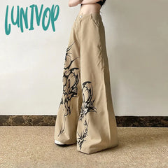 90s streetwear Millennium Style Niche Abstract Printed Woven Wide-Leg Pants Y2g Hot Girl Street Personality Loose Slimming Casual Trousers