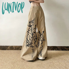 90s streetwear Millennium Style Niche Abstract Printed Woven Wide-Leg Pants Y2g Hot Girl Street Personality Loose Slimming Casual Trousers