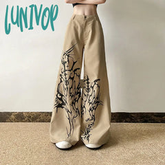 90s streetwear Millennium Style Niche Abstract Printed Woven Wide-Leg Pants Y2g Hot Girl Street Personality Loose Slimming Casual Trousers