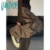 90s streetwear Plus Size American Retro Distressed Washed Multi-Pocket Workwear Jeans Women's Street Ruffle Handsome Loose Casual Pants Fashion