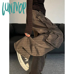 90s streetwear Plus Size American Retro Distressed Washed Multi-Pocket Workwear Jeans Women's Street Ruffle Handsome Loose Casual Pants Fashion