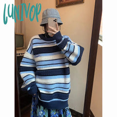 90s streetwear Retro American Sweater Women's round Neck Chic Korean Style Striped Sweater Lazy Style Autumn Women's Fashion