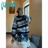 90s streetwear Retro American Sweater Women's round Neck Chic Korean Style Striped Sweater Lazy Style Autumn Women's Fashion