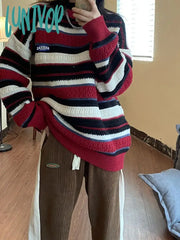 90s streetwear Retro American Sweater Women's round Neck Chic Korean Style Striped Sweater Lazy Style Autumn Women's Fashion