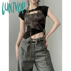 90s streetwear Retro Hot Girl Camouflage Printed Mesh Halter Sling Summer Slim Slimming Irregular Short Top Two-Piece Set