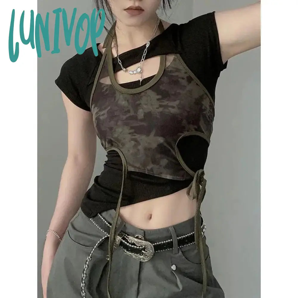 90s streetwear Retro Hot Girl Camouflage Printed Mesh Halter Sling Summer Slim Slimming Irregular Short Top Two-Piece Set