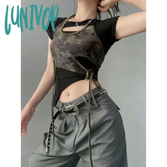 90s streetwear Retro Hot Girl Camouflage Printed Mesh Halter Sling Summer Slim Slimming Irregular Short Top Two-Piece Set