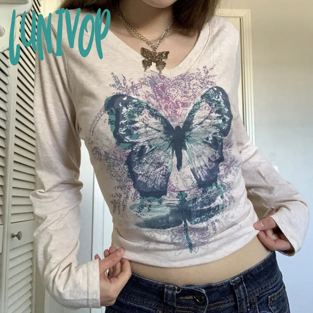 90s streetwear Women's Butterfly Print T-shirt Chicken Collar Top Long Sleeve Short Outer Wear Hot Girl Y2K Inner Wear