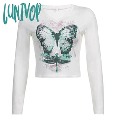 90s streetwear Women's Butterfly Print T-shirt Chicken Collar Top Long Sleeve Short Outer Wear Hot Girl Y2K Inner Wear