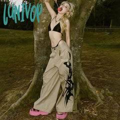 90s streetwear Workwear Ink Style Printing Personalized Design Hot Girl Woven Casual Pants Lazy High Waist Draping Straight Pants