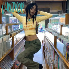 Lunivop 90S Vintage Letter Print Yellow Baby Tees Women Autumn Y2K Street Style Basic O-Neck Long