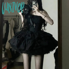 aesthetic halloween costumes Black Tube Top Dress 2024 New Pure Sweet Sexy Waist Slimming Performance Uniform Princess Pettiskirt