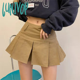 Lunivop American College Style Khaki Pleated Skirt Women’s Summer New Casual Solid Color A-Line