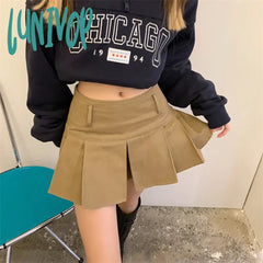 Lunivop American College Style Khaki Pleated Skirt Women’s Summer New Casual Solid Color A-Line