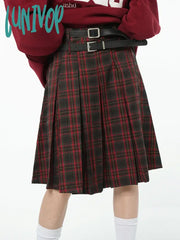 Lunivop American College Style Red Plaid Pleated Skirt Women’s Spring Design Color Contrast