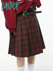 Lunivop American College Style Red Plaid Pleated Skirt Women’s Spring Design Color Contrast