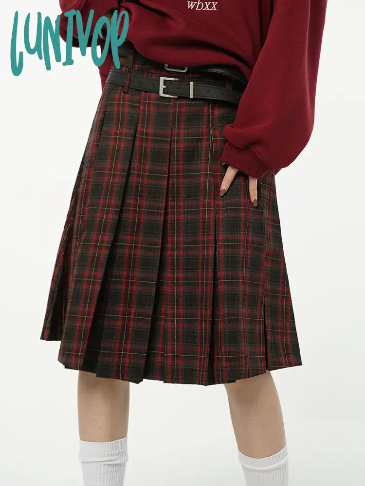 Lunivop American College Style Red Plaid Pleated Skirt Women’s Spring Design Color Contrast