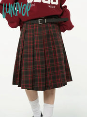 Lunivop American College Style Red Plaid Pleated Skirt Women’s Spring Design Color Contrast