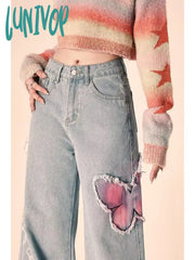 Lunivop American New Butterfly Embroidered Raw Edge Jeans Female Y2K Street Complex Gothic Punk
