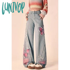 Lunivop American New Butterfly Embroidered Raw Edge Jeans Female Y2K Street Complex Gothic Punk