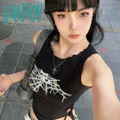 Lunivop American Punk Black Web Print Camisole Vests Summer New Slim Fit Lace Up T-Shirts Y2K