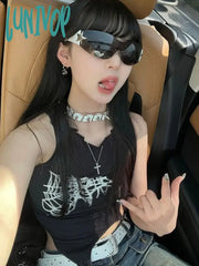 Lunivop American Punk Black Web Print Camisole Vests Summer New Slim Fit Lace Up T-Shirts Y2K