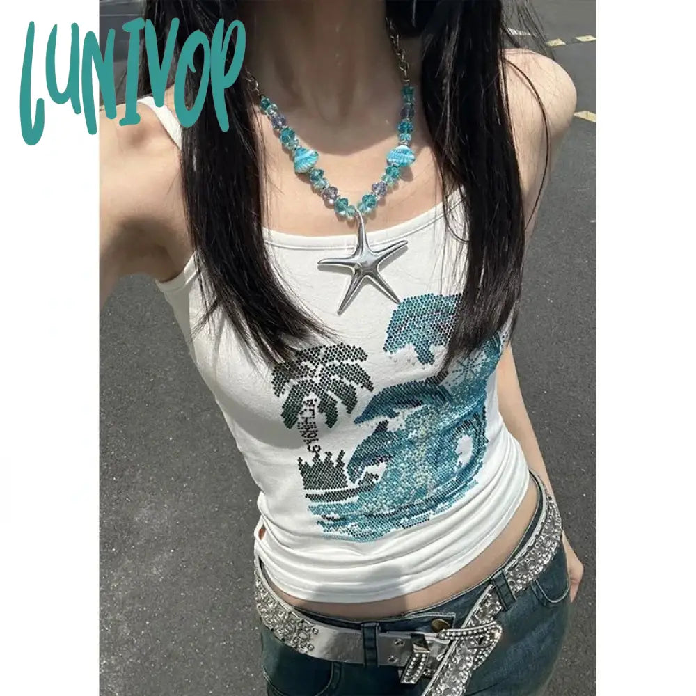 Lunivop American Retro Colorful Diamond Vest Strap For Women Summer New Sexy Slim Fit Camisole Y2K