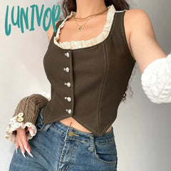 Lunivop American Retro Lace Patchwork Tank Top 2024 Summer New All-Match Vest For Women Y2K Grunge
