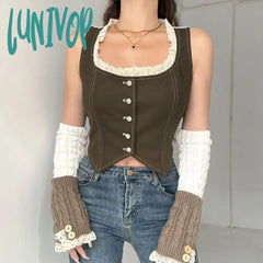 Lunivop American Retro Lace Patchwork Tank Top 2024 Summer New All-Match Vest For Women Y2K Grunge