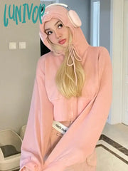 Lunivop American Retro Pink Crop Hoodies Women Streetwear Y2K Zip Up Hooded Sweatshirts Casual Kpop