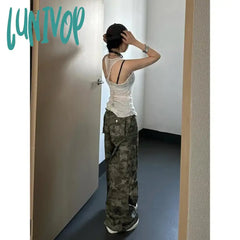 Lunivop American Retro White Camisole Vest 2024 Summer New See Through Mesh Tank Top Y2K Irregular